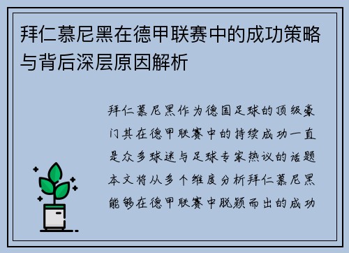 拜仁慕尼黑在德甲联赛中的成功策略与背后深层原因解析