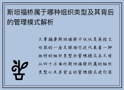 斯坦福桥属于哪种组织类型及其背后的管理模式解析