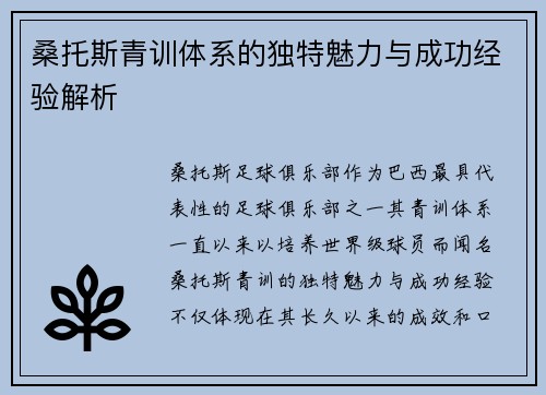 桑托斯青训体系的独特魅力与成功经验解析